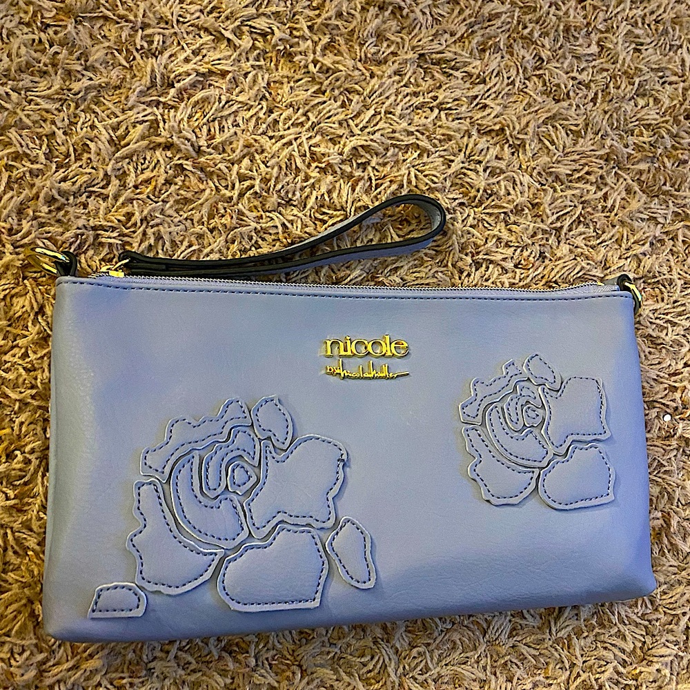 Nicole Miller clutch/purse/ blue with roses